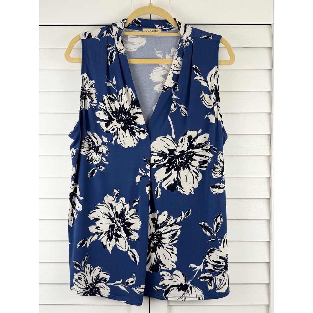 Beacon Sleeveless Blouse XL Blue Floral V-Neck Pleated Shoulder Top